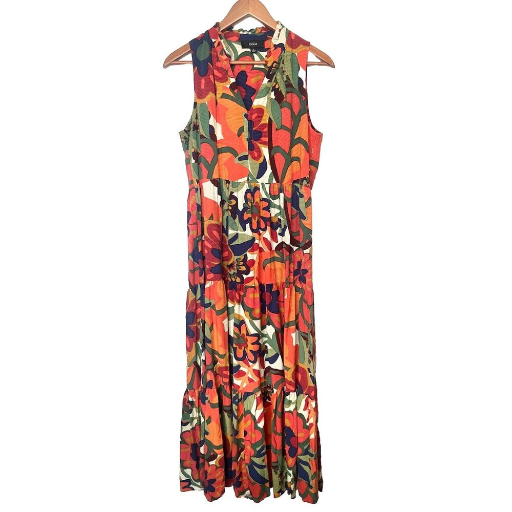 CeCe Floral Maxi Dress Sleeveless Women’s Medium Red Orange Multicolor Colorful